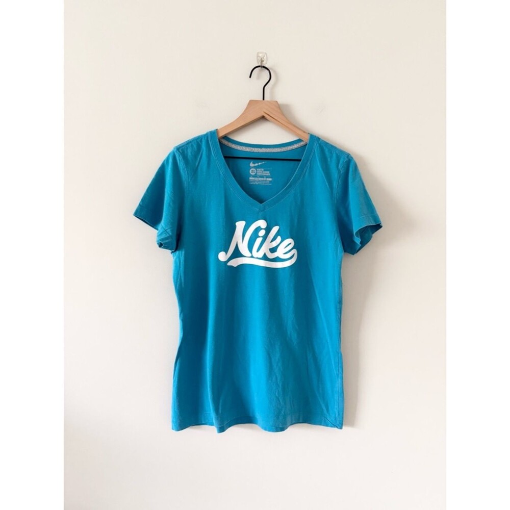 Nike Slim Fit Teal V-Neck Logo Graphic Short Sleeve Tee Size XL